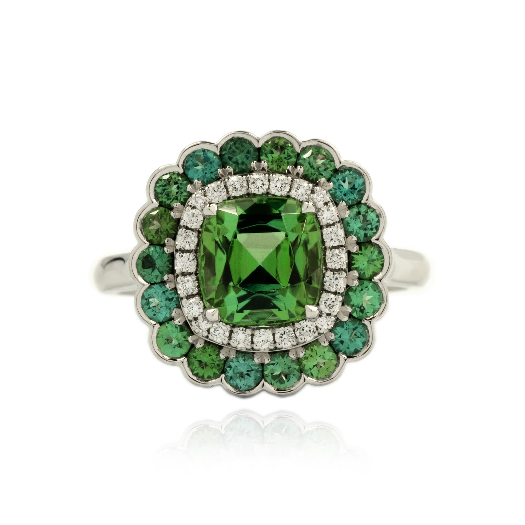 Belle Double Halo Ring (Cushion Green Tourmaline)